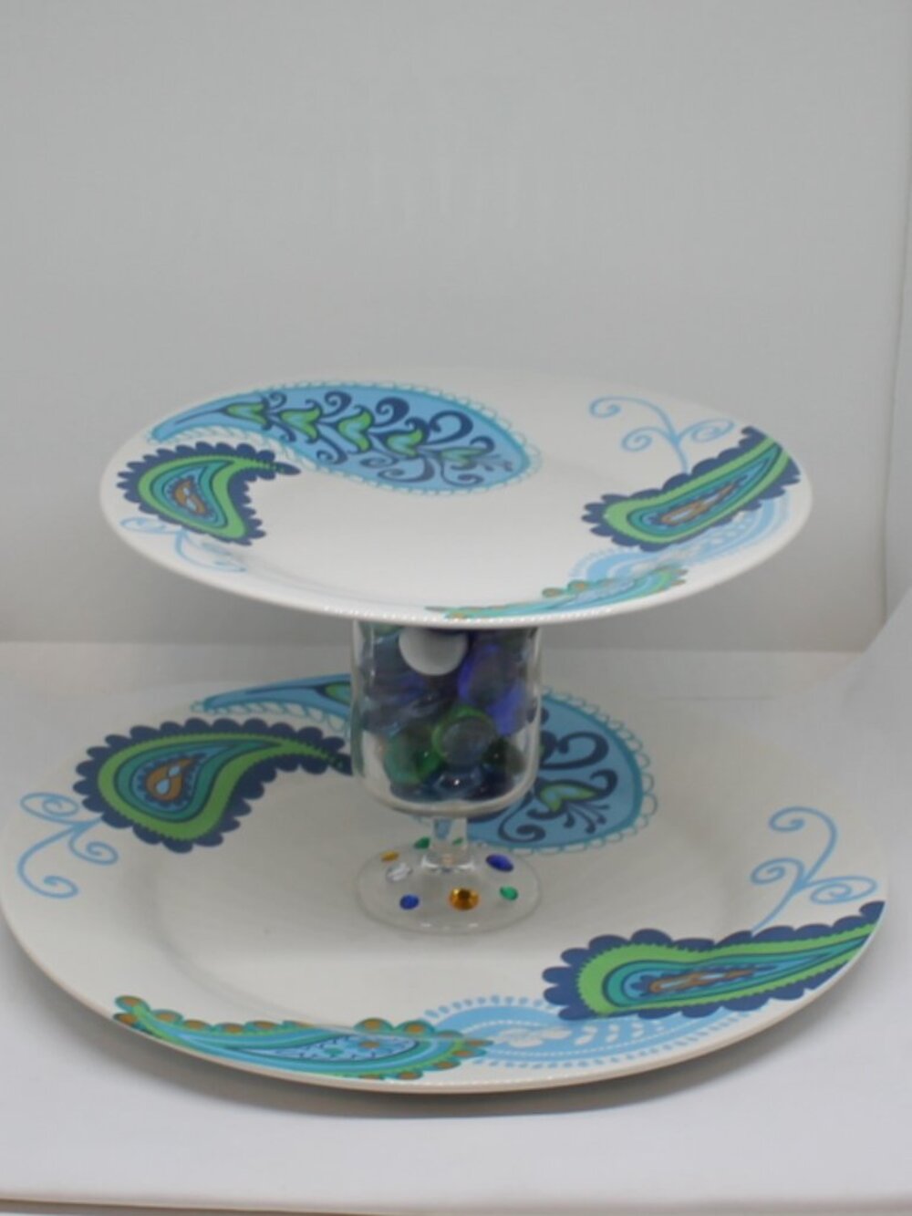 Royal Norfolk Blue Paisley Two-Tier Serving Tray Ceramic Hand Crafted 6" High